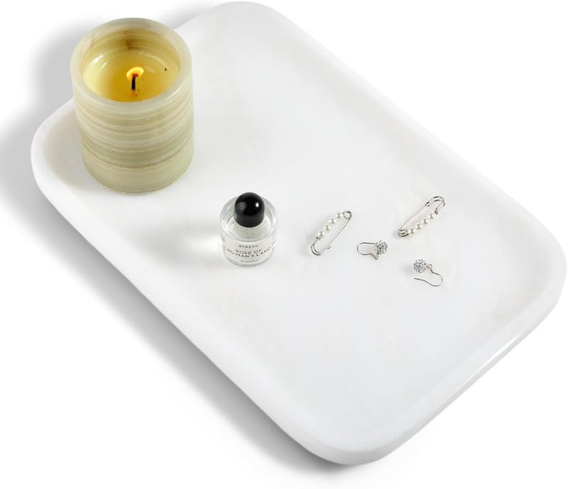 karibiber Vanity Tray, 11.8inch Marble Bathroom Tray for Countertop, White Marble Bathroom Dresser, Stone Serving Tray for Kitchen Counter, Storage Organizer for Decor, Perfume, Jewelry - Image 1
